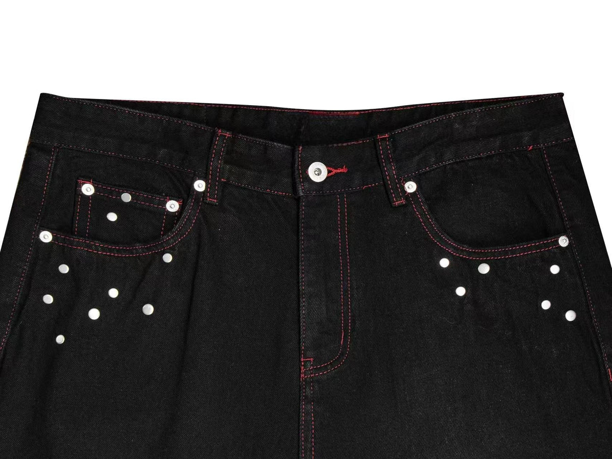 Madxmarx Red Stitch Studded Wide-Leg Jeans