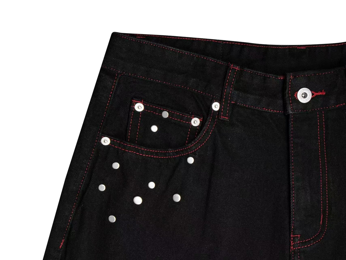 Madxmarx Red Stitch Studded Wide-Leg Jeans