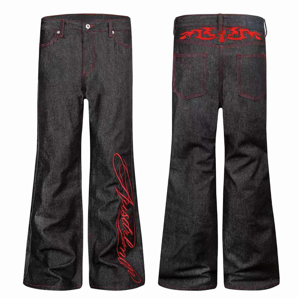 Madxmarx Contrast Stitch Script Wide-Leg Jeans
