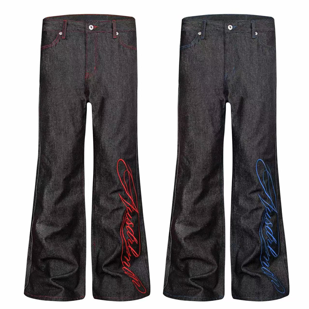 Madxmarx Contrast Stitch Script Wide-Leg Jeans