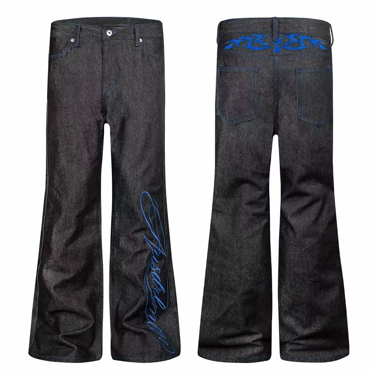 Madxmarx Contrast Stitch Script Wide-Leg Jeans