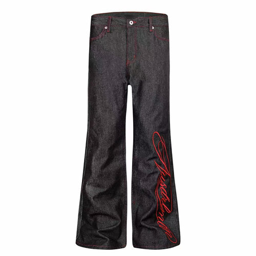 Madxmarx Contrast Stitch Script Wide-Leg Jeans - XS / Red