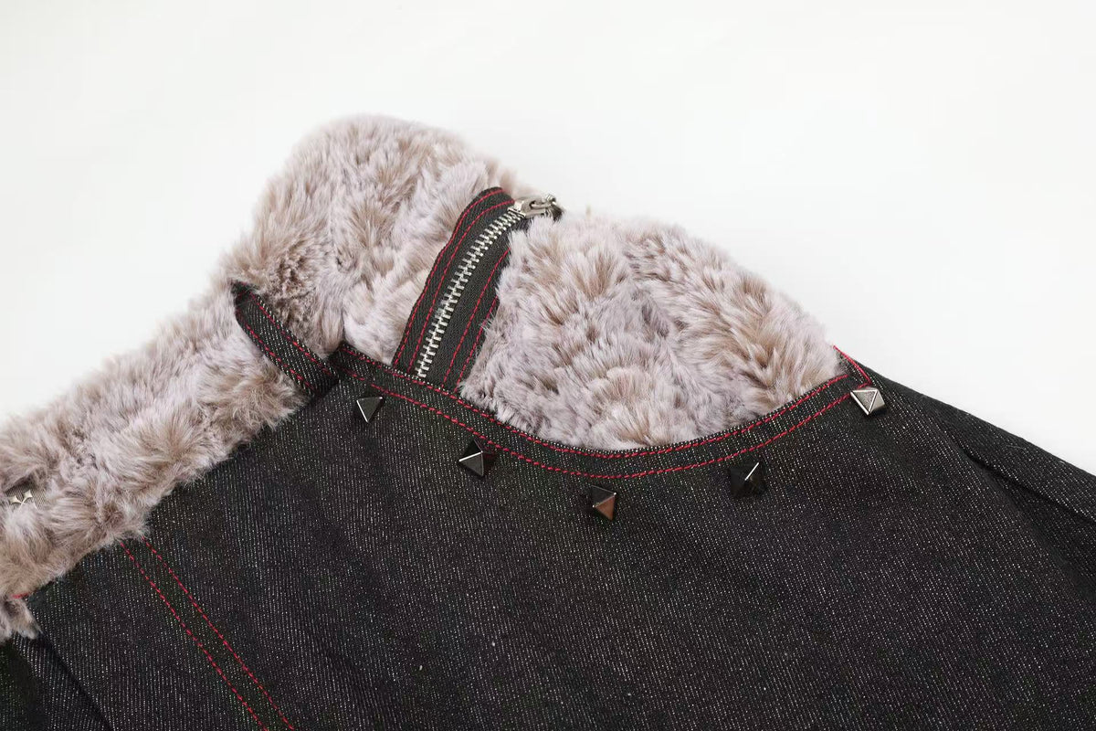 Madxmarx Faux-Fur Waist Graphic Wide-Leg Jeans