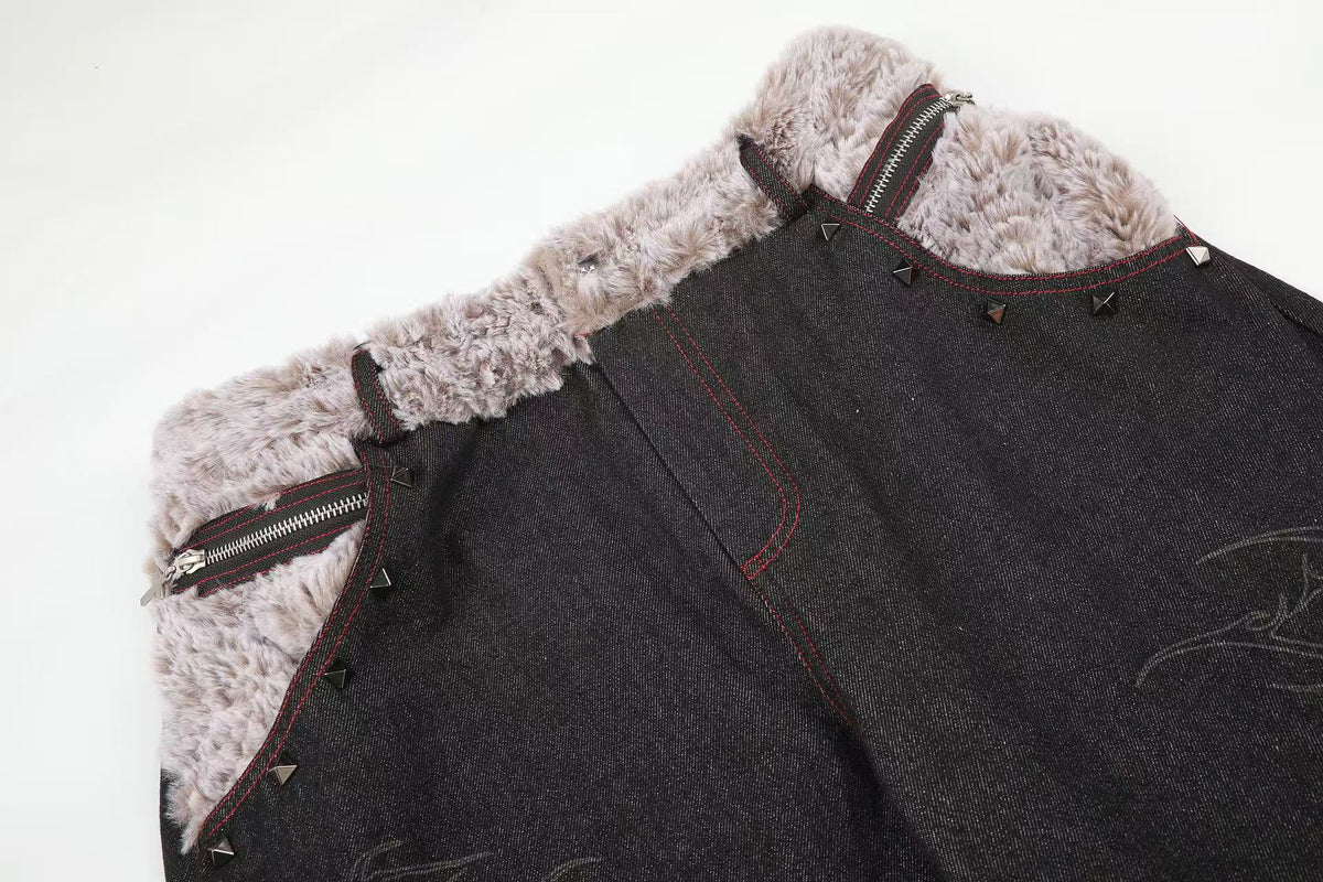 Madxmarx Faux-Fur Waist Graphic Wide-Leg Jeans