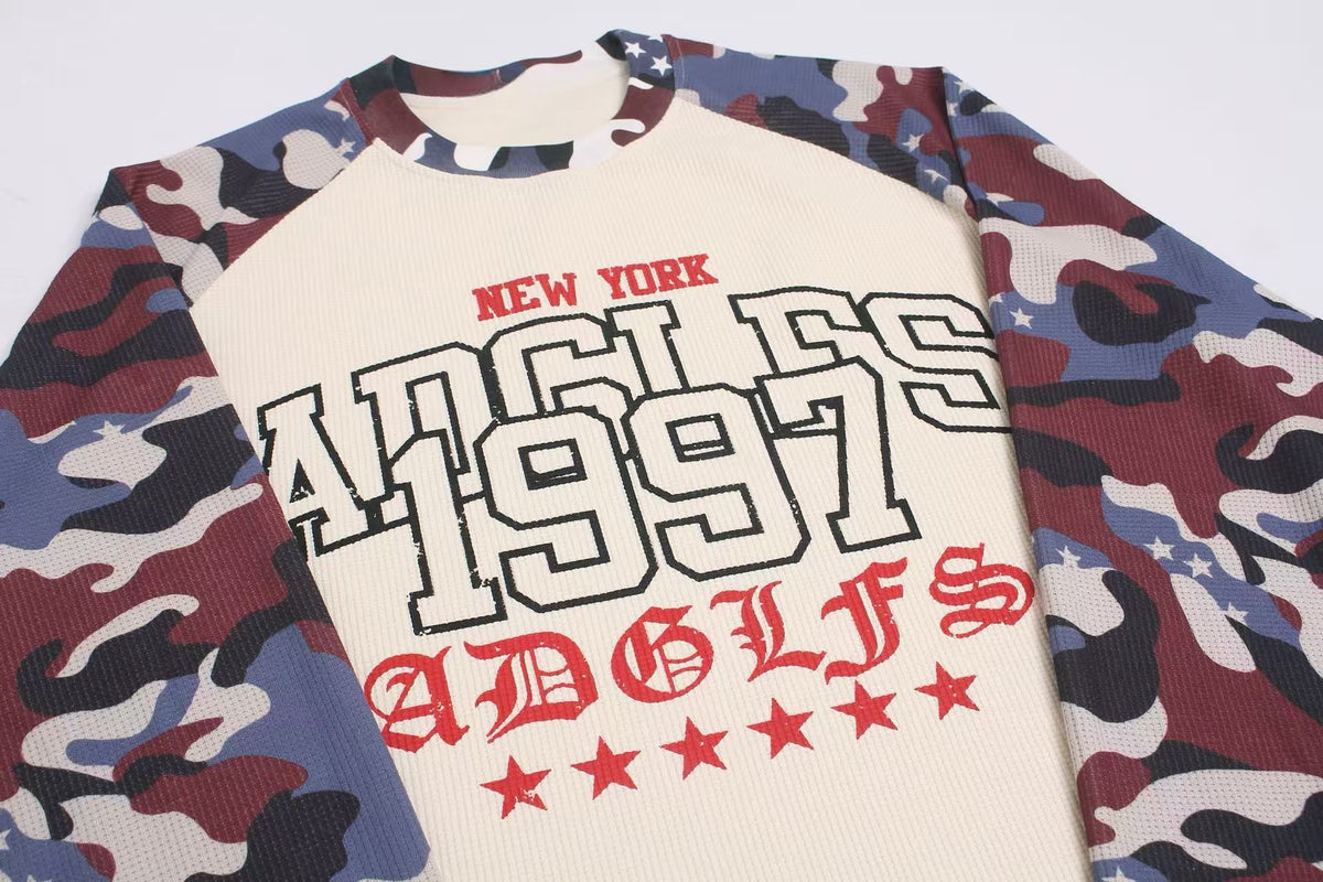 Madxmarx Camo Sleeve Varsity Graphic Long Sleeve Tee