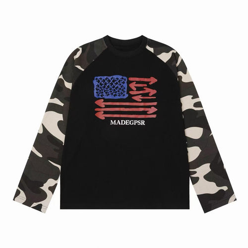 Madxmarx Camo Sleeve Flag Graphic Long Sleeve Tee - M / Black