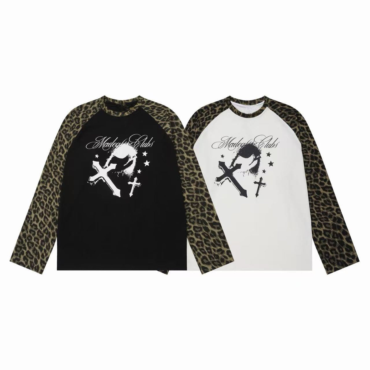 Madxmarx Leopard Sleeve Cross Graphic Long Sleeve Tee