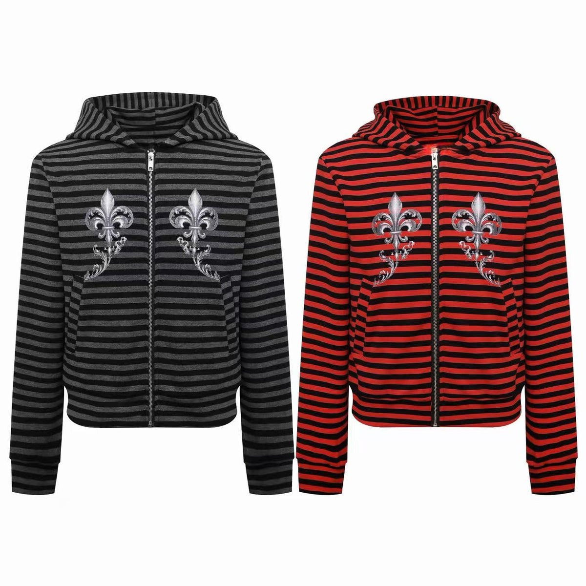 Madxmarx Fleur-De-Lis Striped Zip-Up Hoodie
