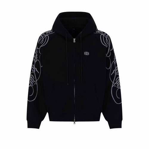Madxmarx Striped Graphic Zip-Up Hoodie - M / Black