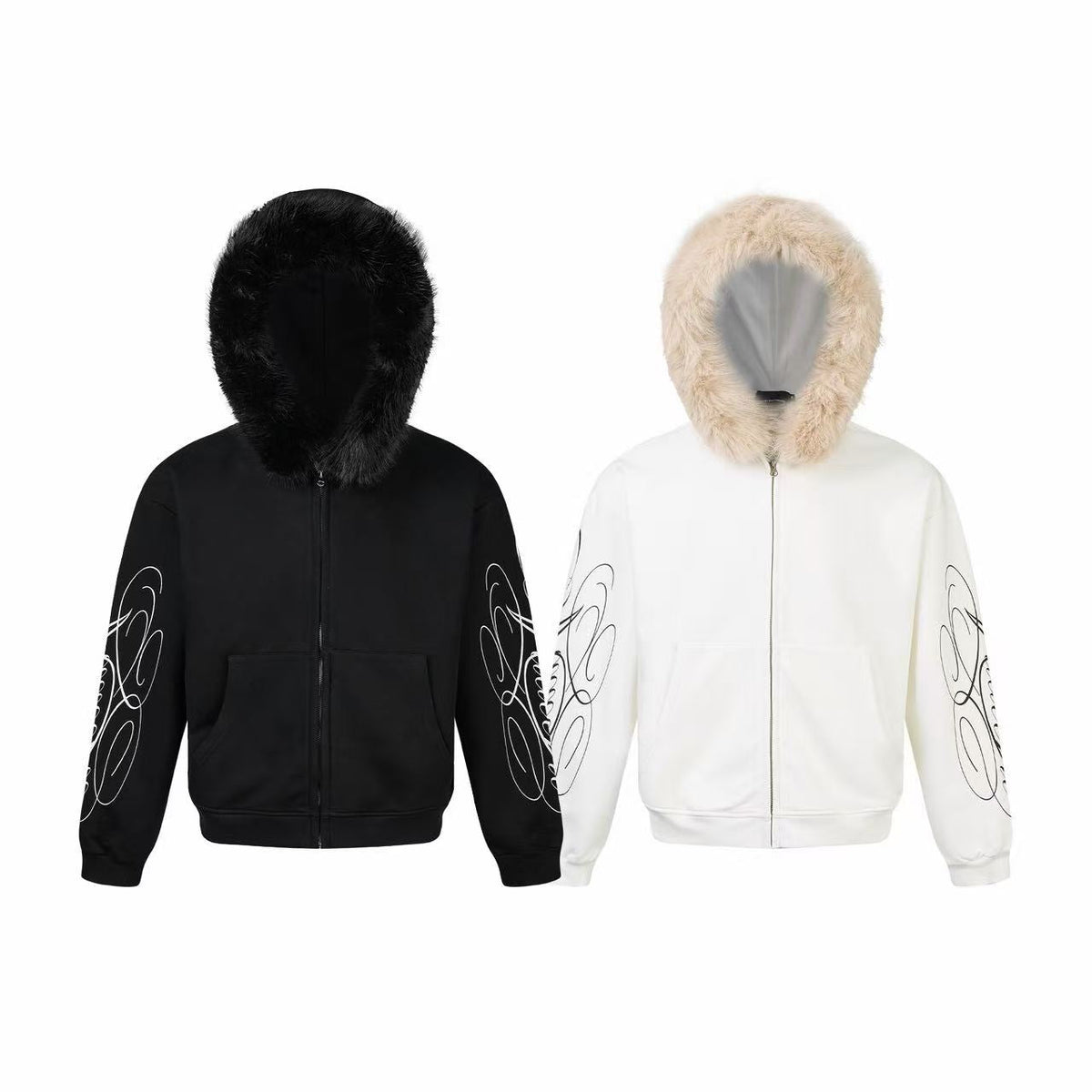 Madxmarx Faux Fur Hood Graphic Zip-Up Hoodie