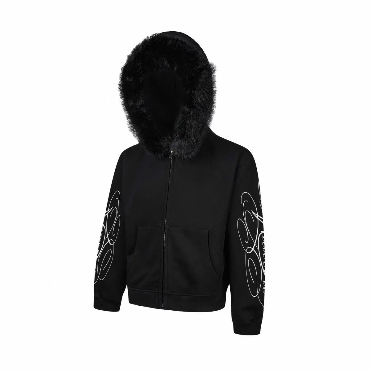 Madxmarx Faux Fur Hood Graphic Zip-Up Hoodie