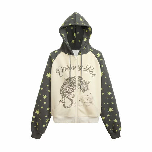 Madxmarx Leopard Star Graphic Zip-Up Hoodie - S / Beige