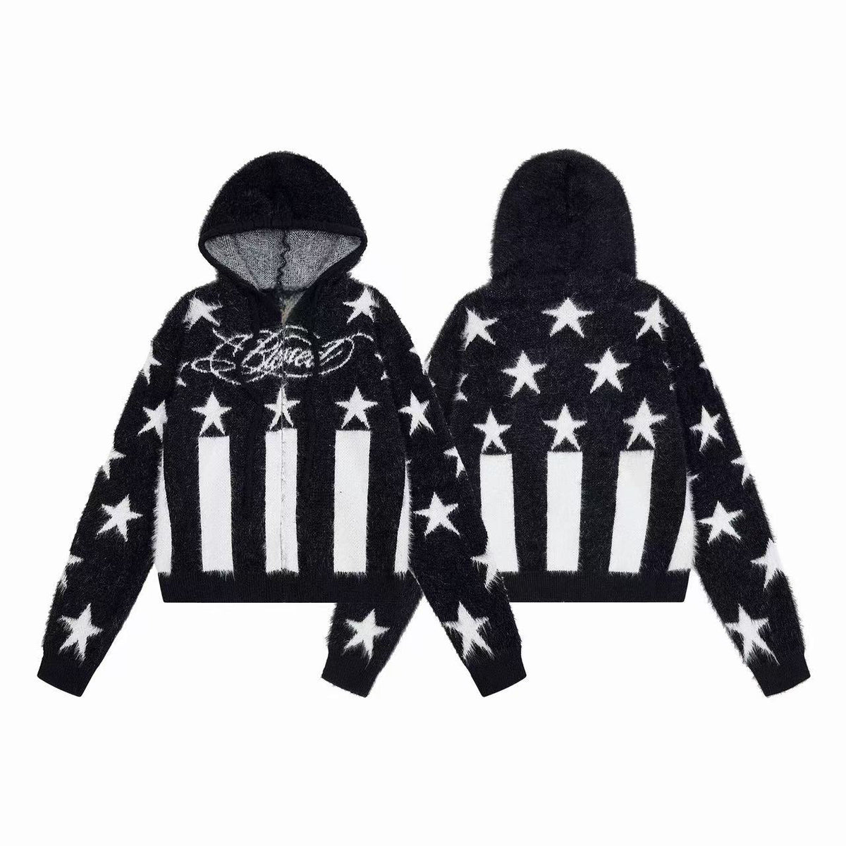 Madxmarx Fuzzy Star Stripe Zip-Up Sweater