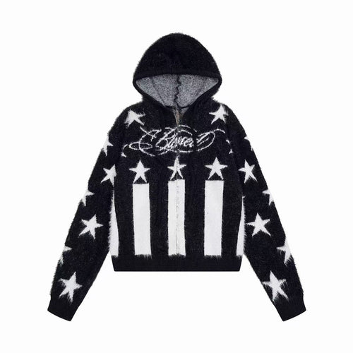 Madxmarx Fuzzy Star Stripe Zip-Up Sweater - M / Black