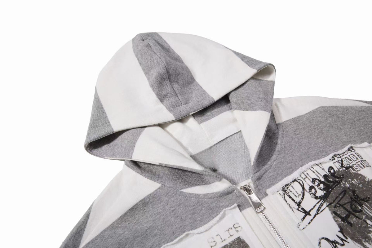Madxmarx Striped Patchwork Graphic Zip-Up Hoodie