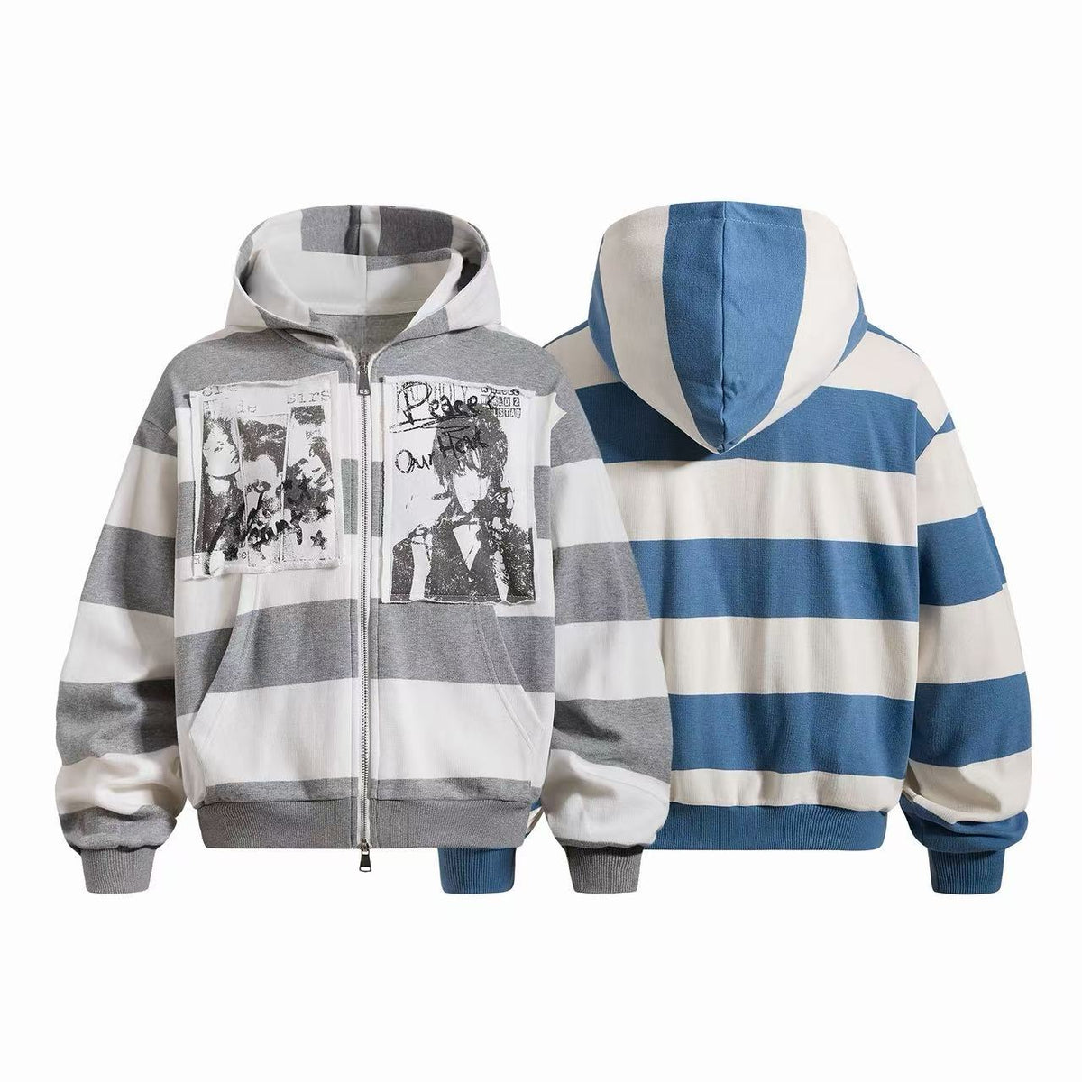 Madxmarx Striped Patchwork Graphic Zip-Up Hoodie