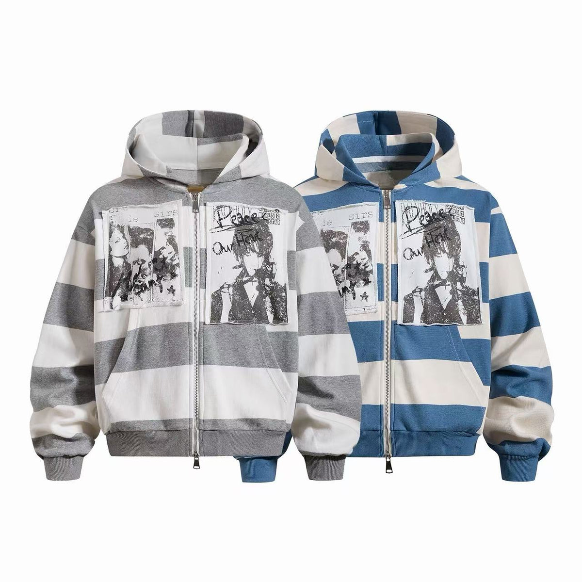 Madxmarx Striped Patchwork Graphic Zip-Up Hoodie
