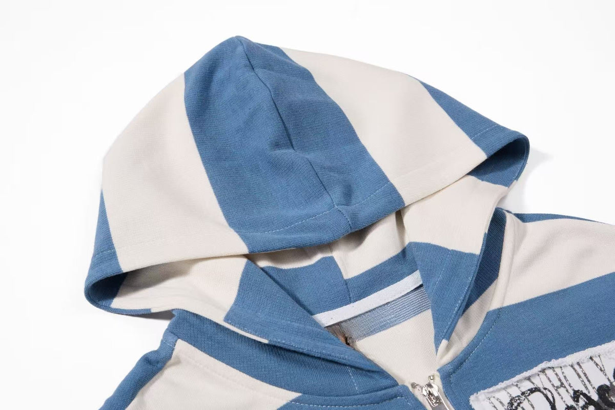 Madxmarx Striped Patchwork Graphic Zip-Up Hoodie