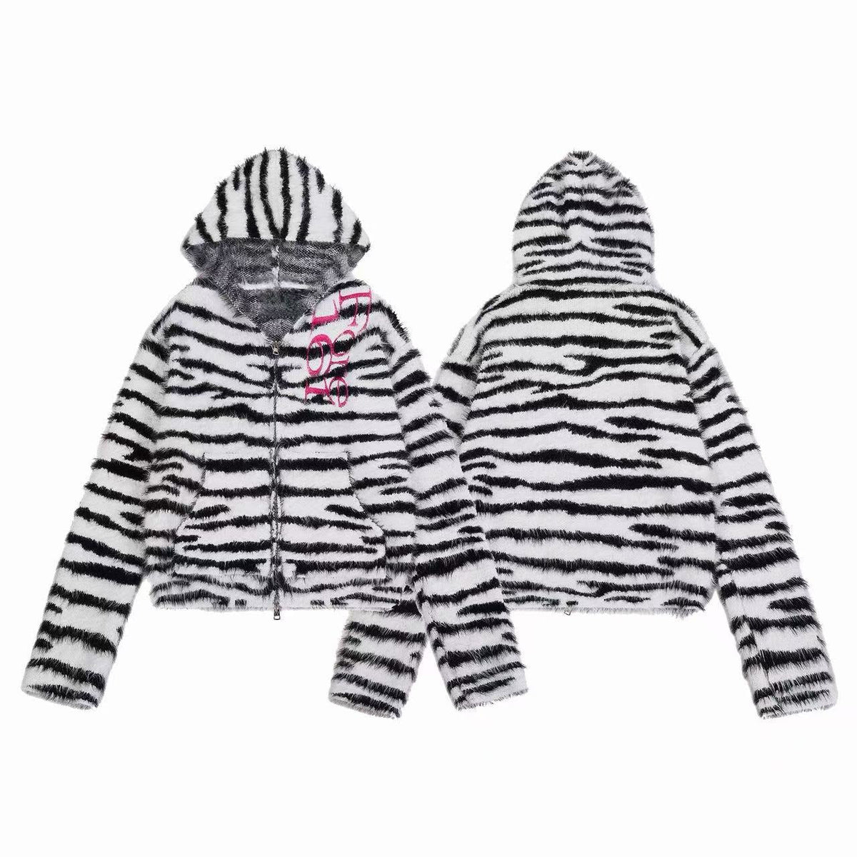 Madxmarx Fuzzy Zebra Graphic Zip-Up Sweater
