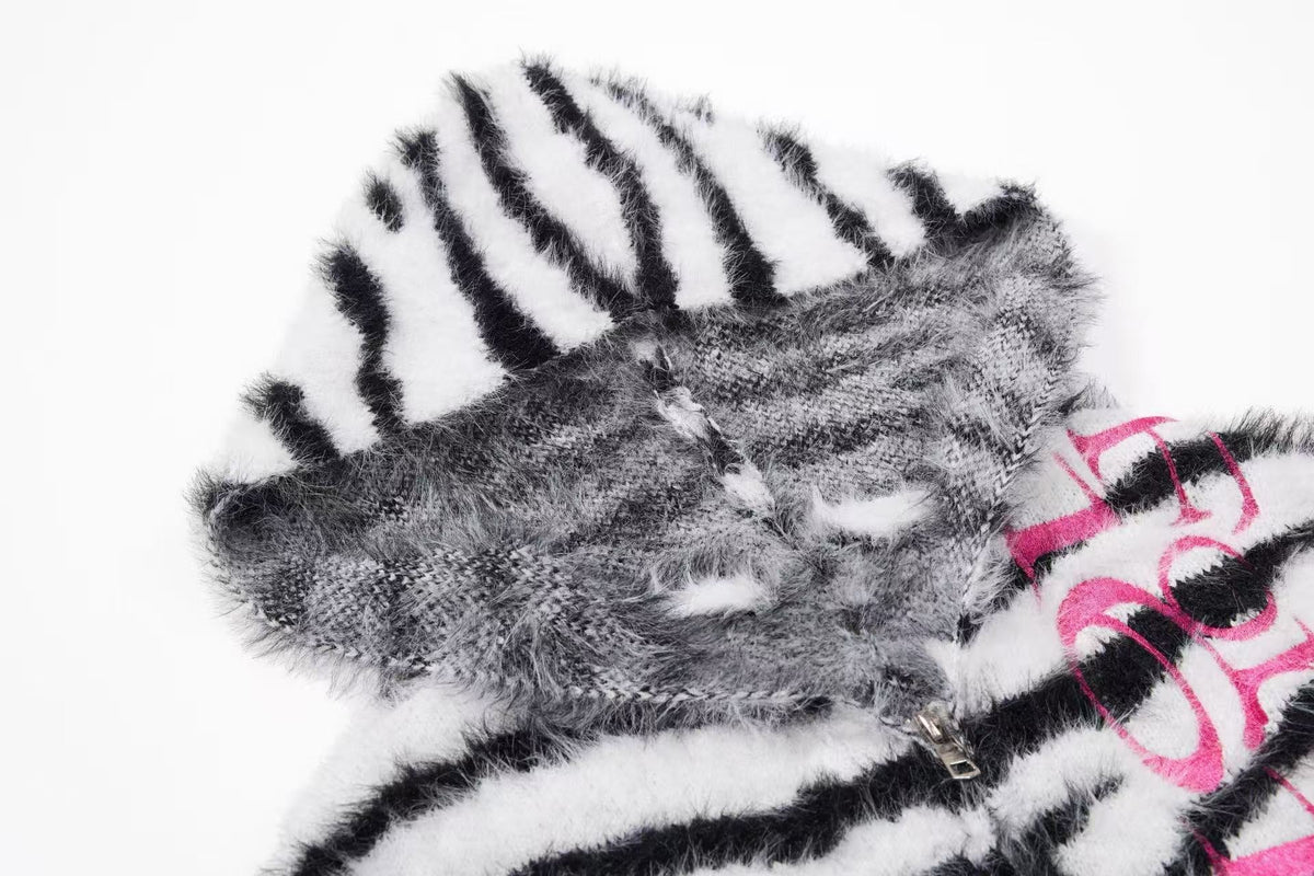 Madxmarx Fuzzy Zebra Graphic Zip-Up Sweater