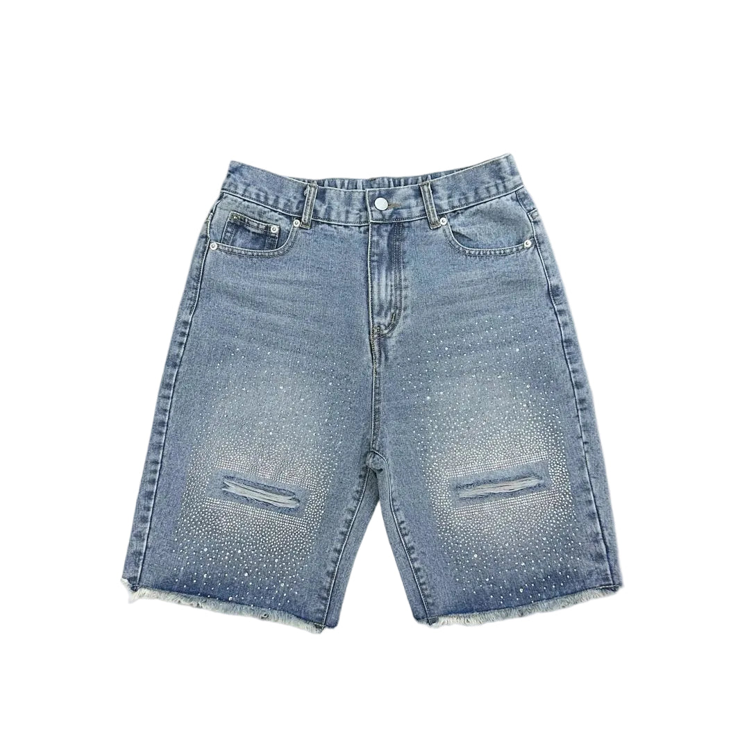 Rhinestone Damage Denim Half Jeans
