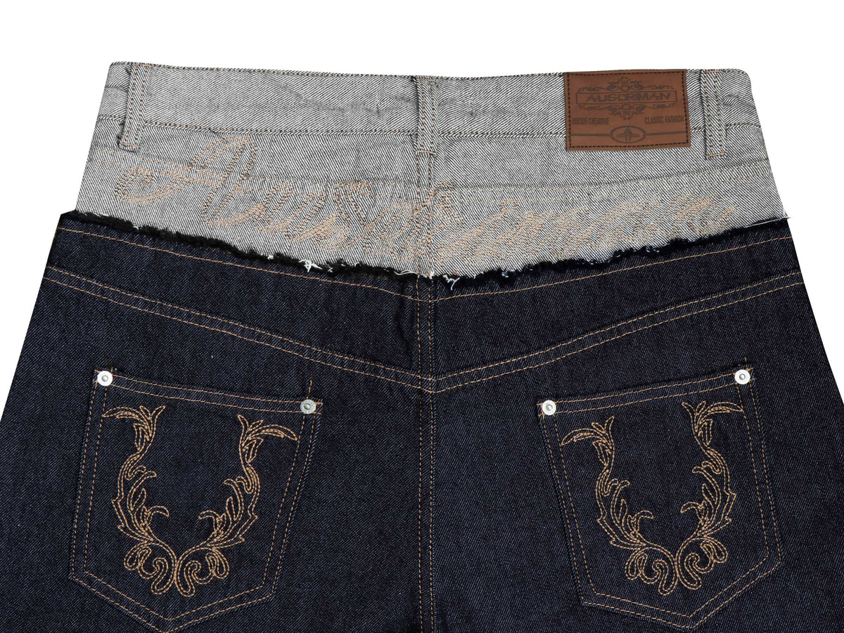 Madxmarx Contrast Waist Embroidered Wide-Leg Jeans