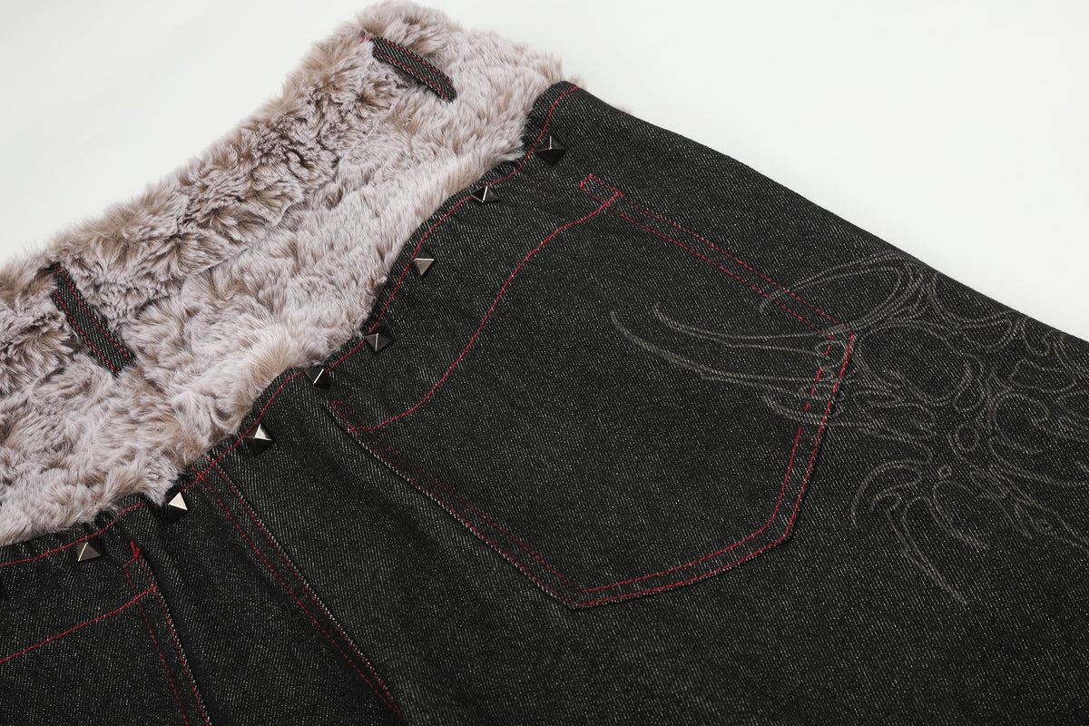 Madxmarx Faux-Fur Waist Graphic Wide-Leg Jeans