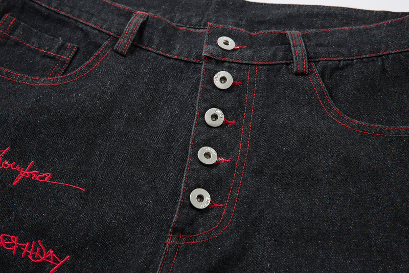 Madxmarx Red Stitch Embroidered Wide-Leg Jeans