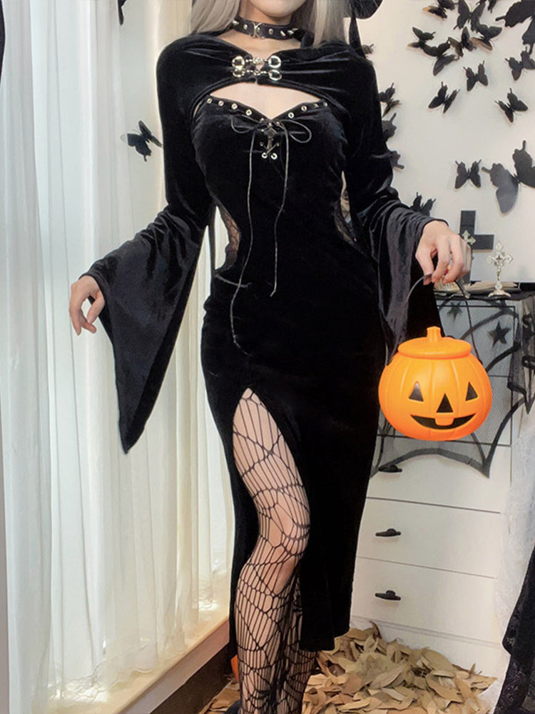 Robe longue avec chapeau, en velours transparent, dentelle ajourée, fente haute, manches longues, boutonnée et lacée. Robe de soirée