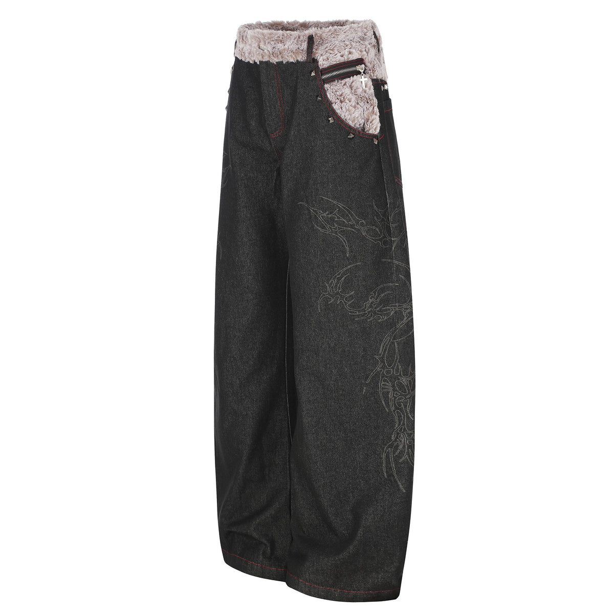 Madxmarx Faux-Fur Waist Graphic Wide-Leg Jeans