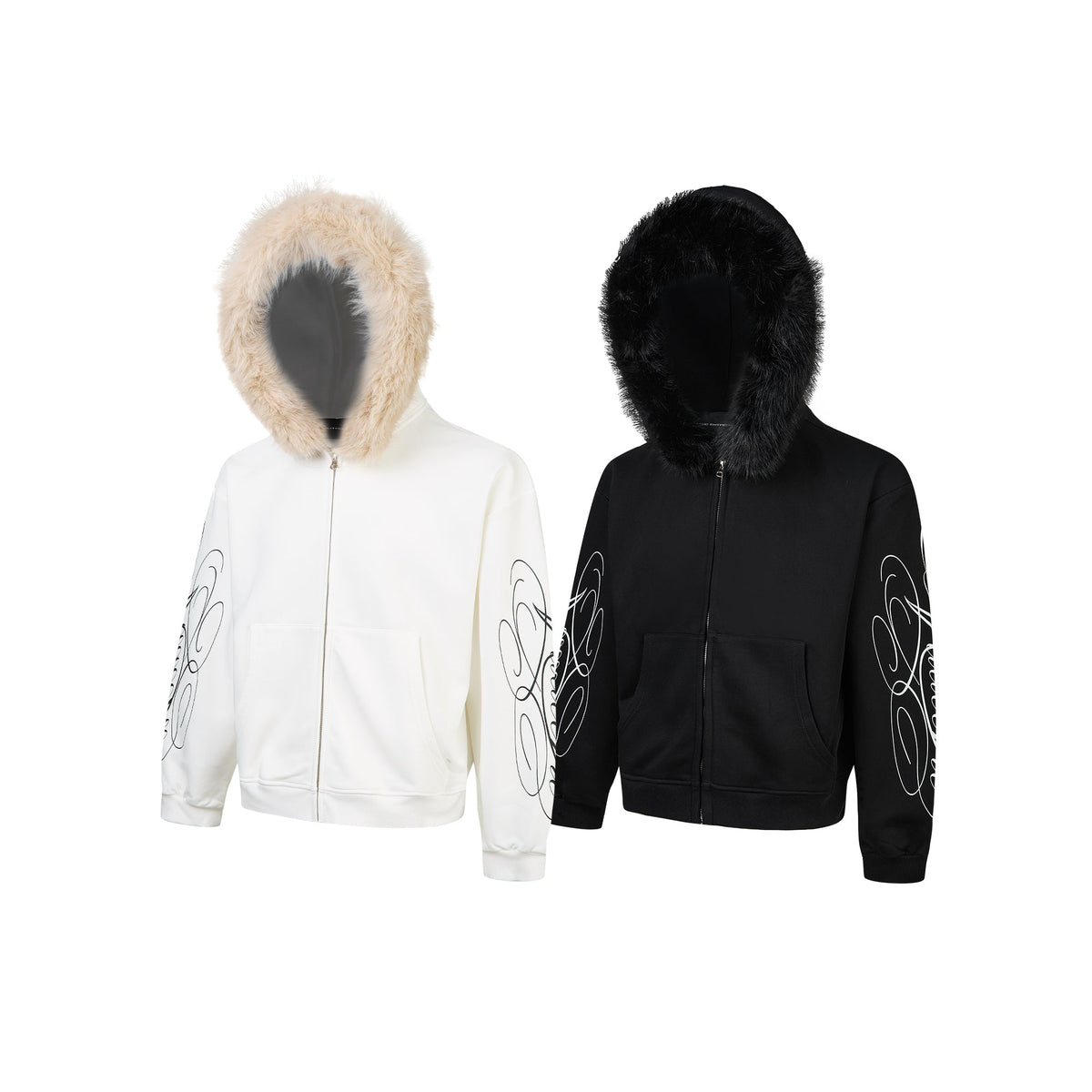 Madxmarx Faux Fur Hood Graphic Zip-Up Hoodie