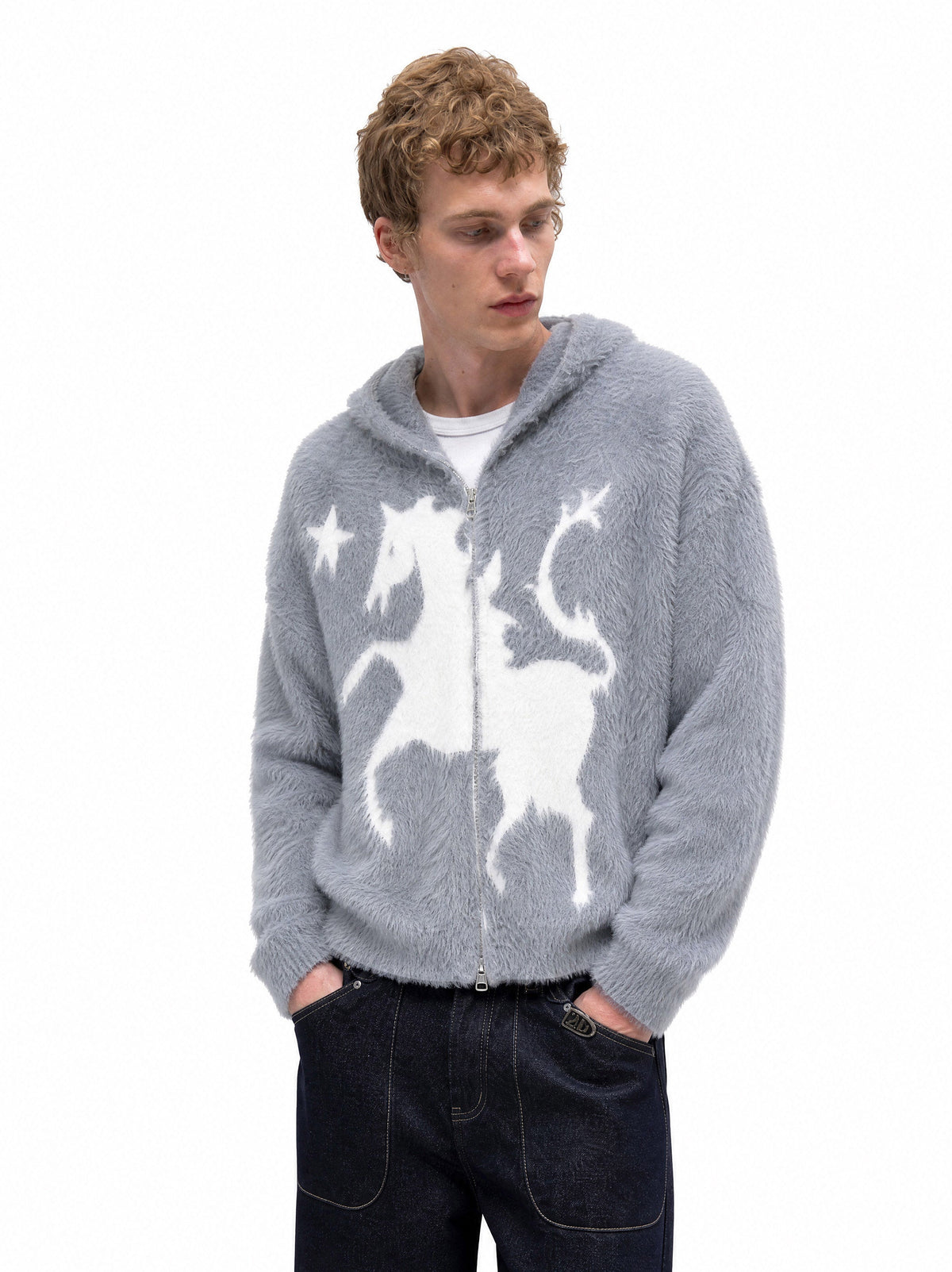 Madxmarx Fuzzy Graphic Zip-Up Sweater