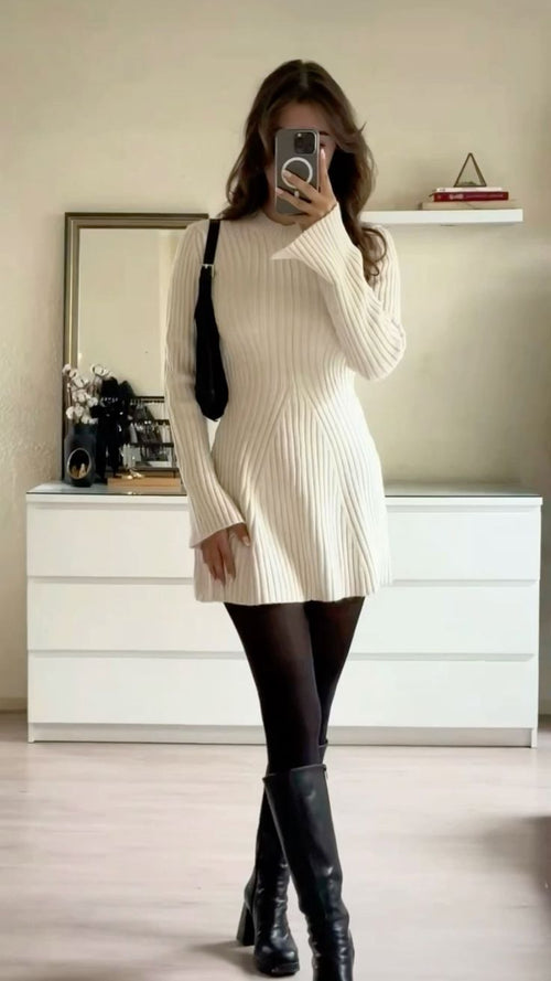 Vestido de malha justa de manga longa - S / branco