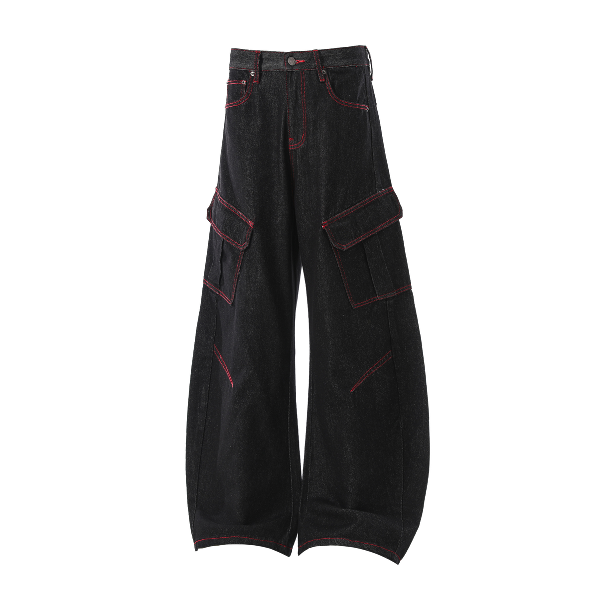 Pantalon cargo en jean incurvé à surpiqûres rouges Madxmarx