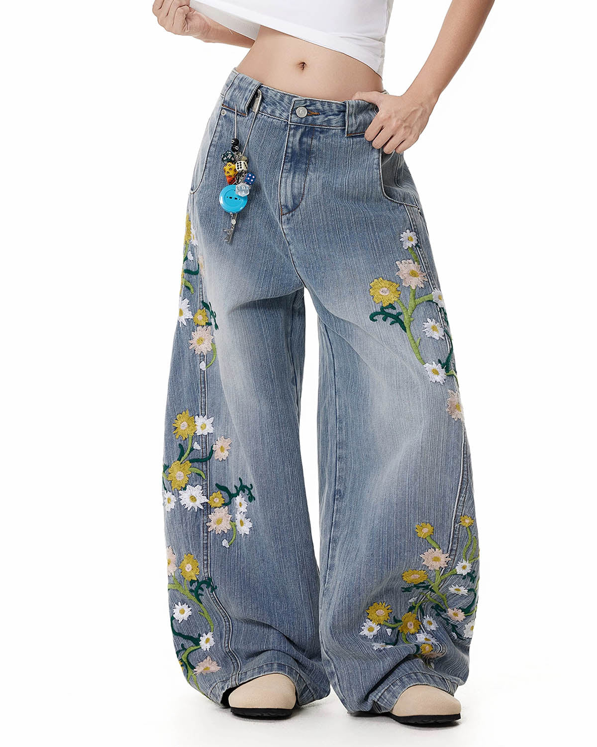 Embroidery Bamboo Weave Baggy Jeans