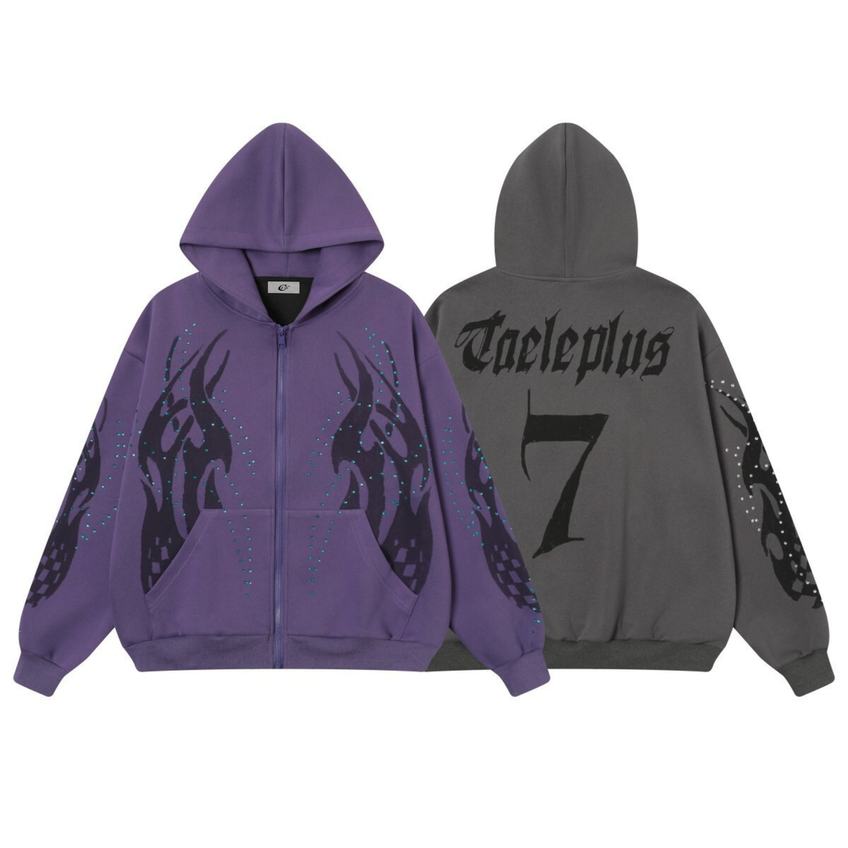 Madxmarx Flame Print Rhinestone Zip-Up Hoodie