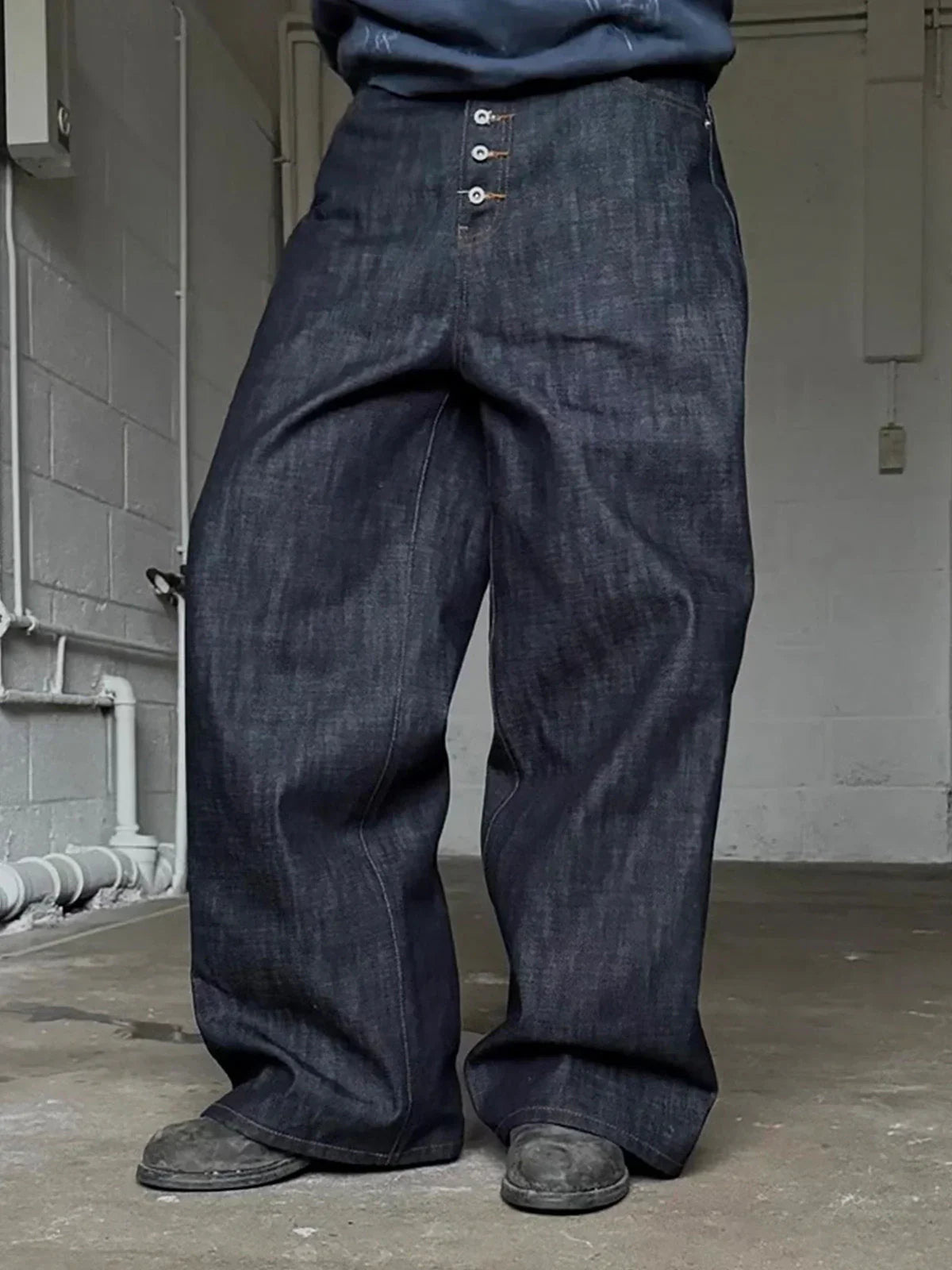 Buttons Up Raw Baggy Jeans