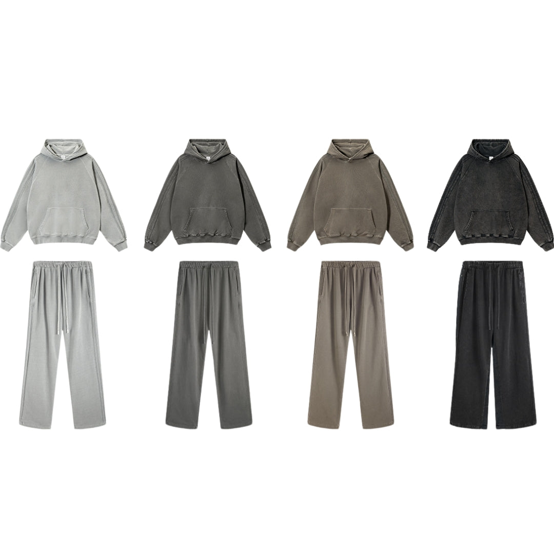 Washed  Three Bar Stripe Sporty Hoodie & Sweatpants Setup