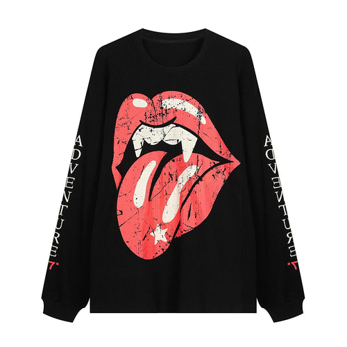 Madxmarx Waffle Knit Lips Graphic Long Sleeve Tee - M / Black