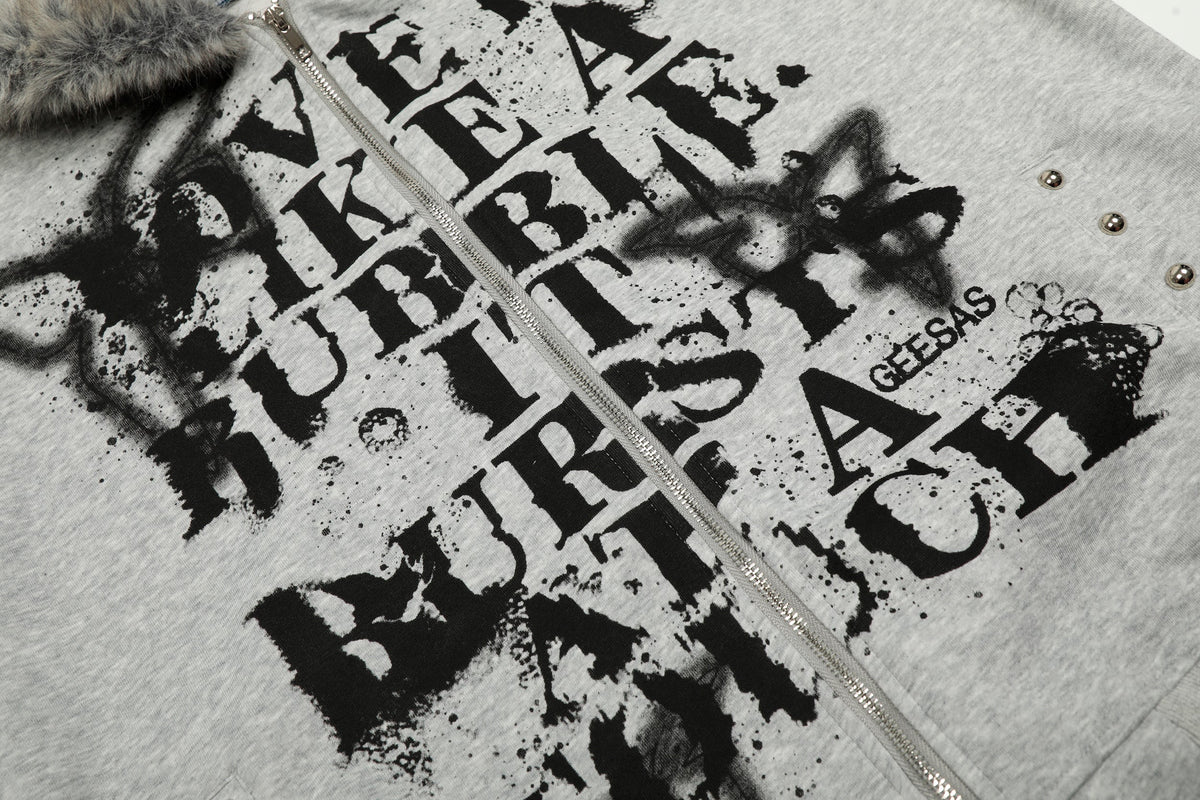 Sweat à capuche zippé à graffiti avec col en fausse fourrure Madxmarx