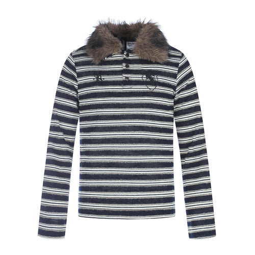 Madxmarx Vintage Striped Fur Collar Long Sleeve Polo - S / Black