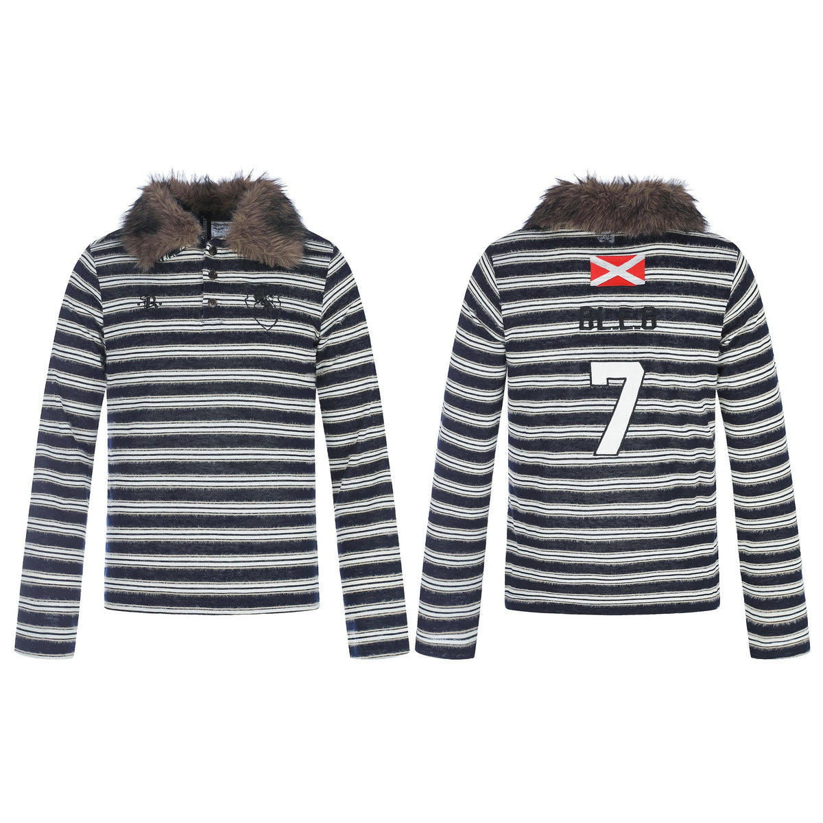Madxmarx Vintage Striped Fur Collar Long Sleeve Polo