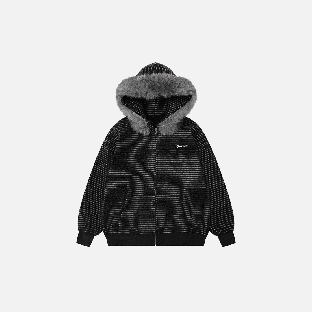 Vintage Striped Loose Fur Hooded Casual Sweatshirt