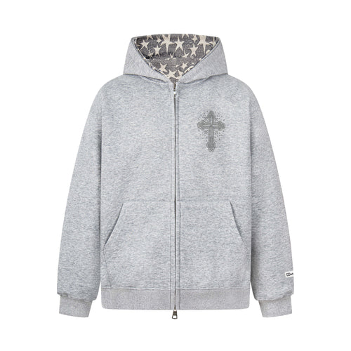 Madxmarx Rhinestone Cross Zip Hoodie - M / Light Grey