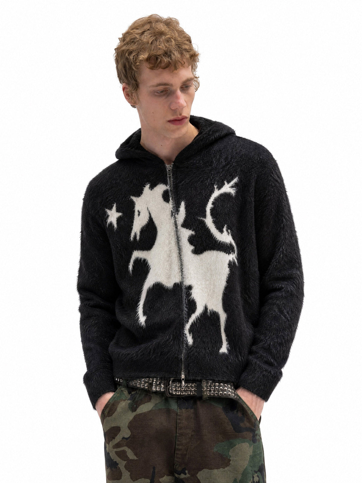 Madxmarx Fuzzy Graphic Zip-Up Sweater