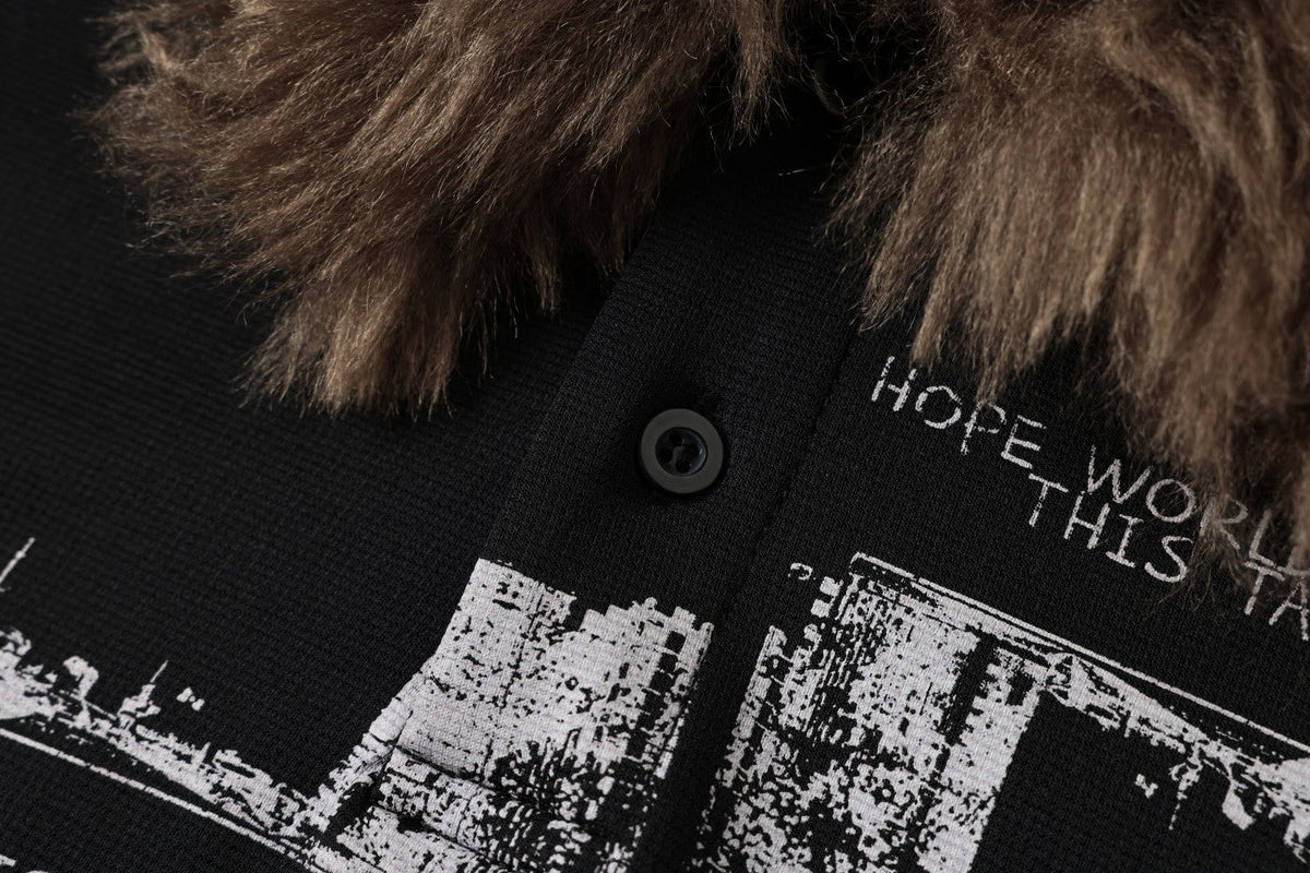 Madxmarx Faux Fur Collar Graphic Polo Tee