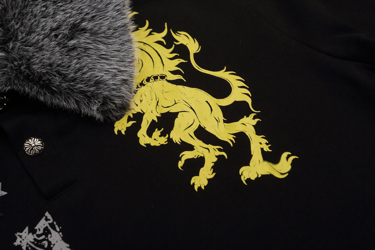Madxmarx Faux Fur Collar Crest Graphic Long Sleeve Polo
