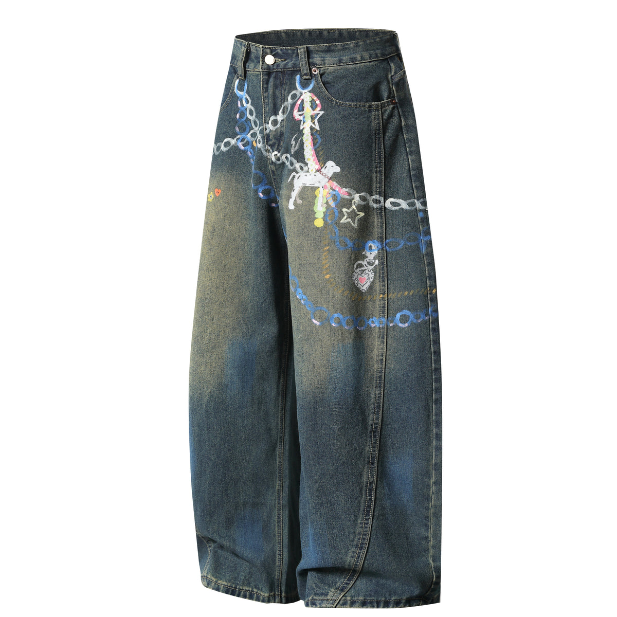 Madxmarx Handbemalte weite Jeans mit Grafik-Print