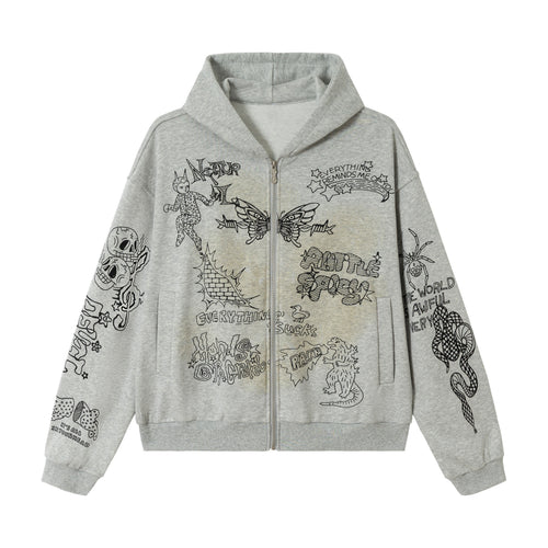 Madxmarx Doodle Graphic Zip Hoodie - M / Grey