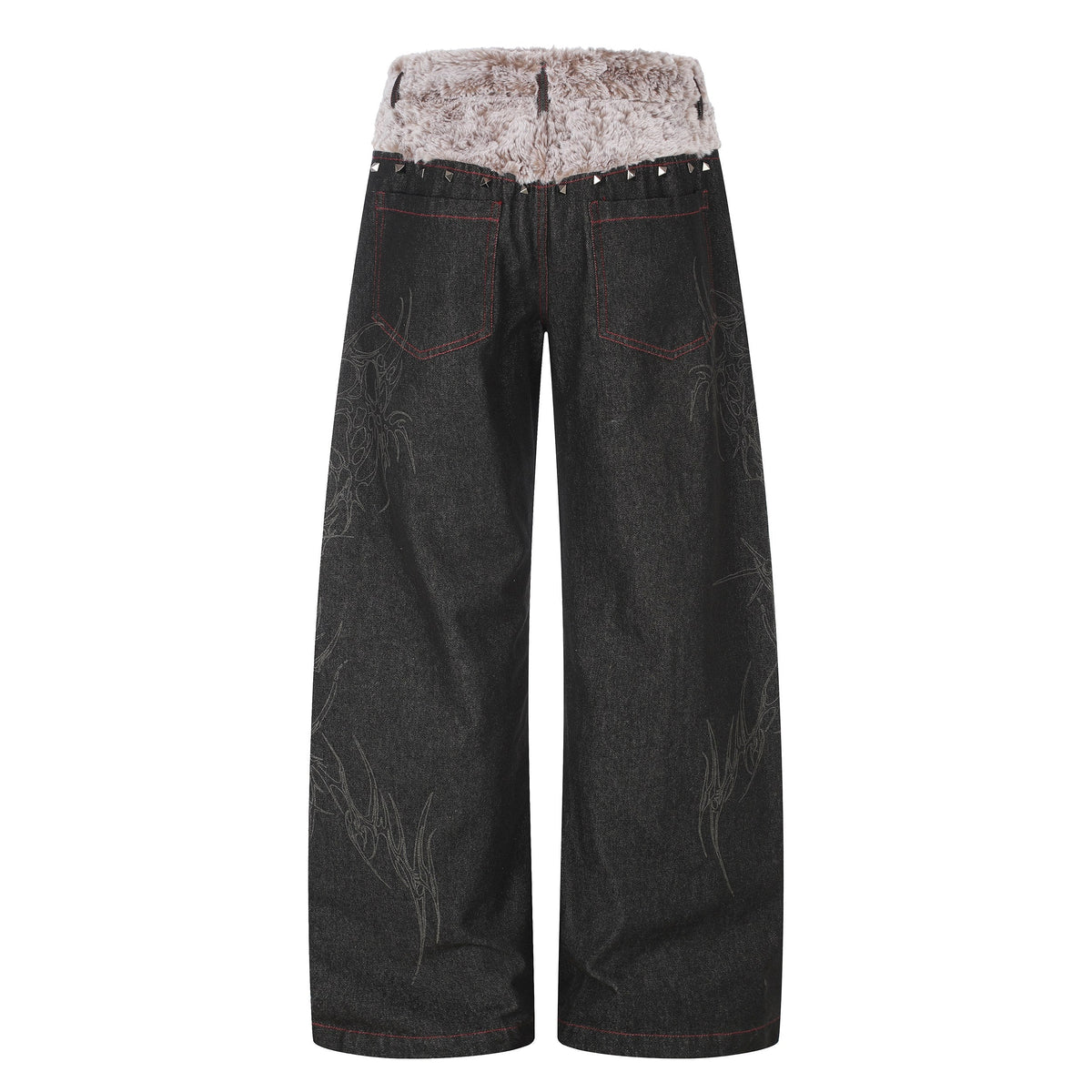 Madxmarx Faux-Fur Waist Graphic Wide-Leg Jeans